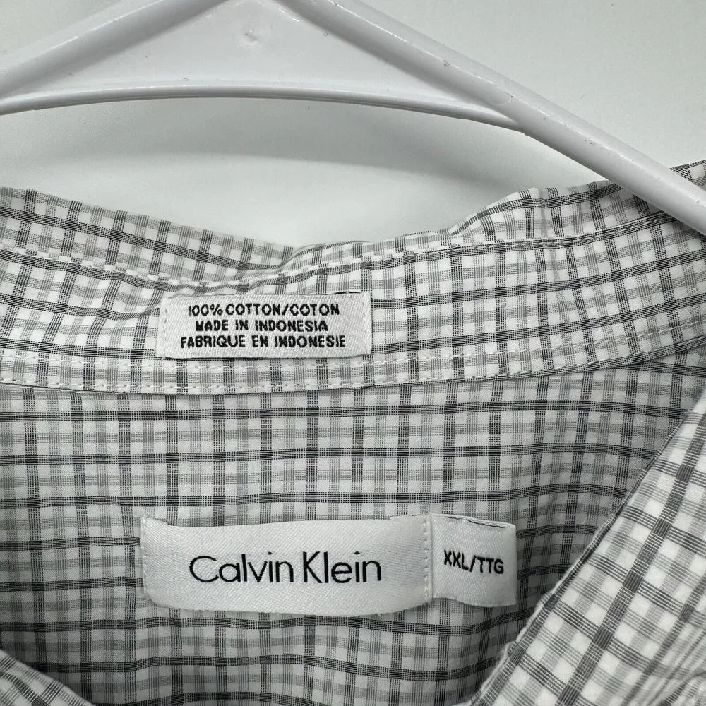 Calvin Klein XXL Button Down Shirt Men Grey White Micro Check Long Sleeve Cotton